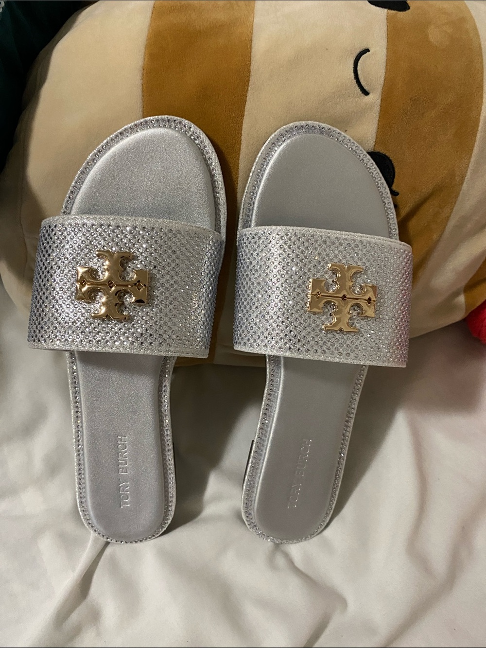 Tory Burch Silver Crystal-Embellished Logo Slide Sandals